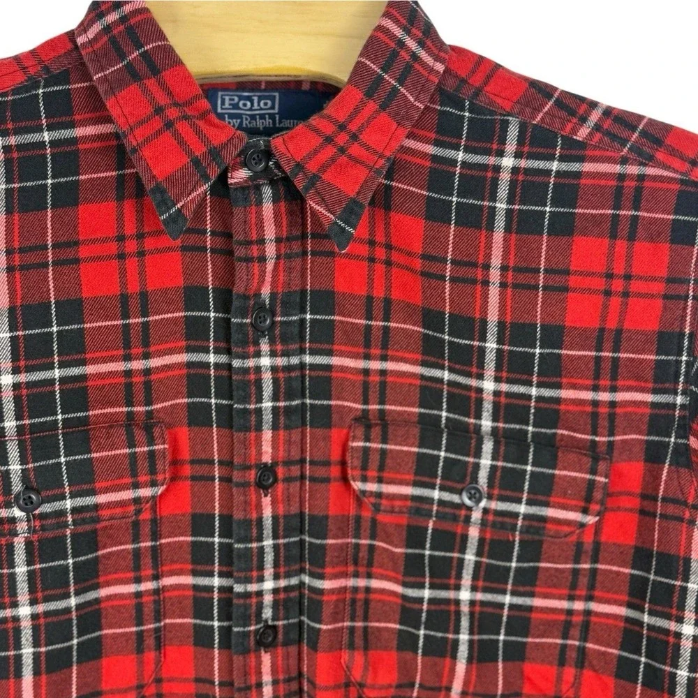 Vintage Polo Ralph Lauren Mens Large‎ Red Black Buffalo Plaid Flannel Workshirt